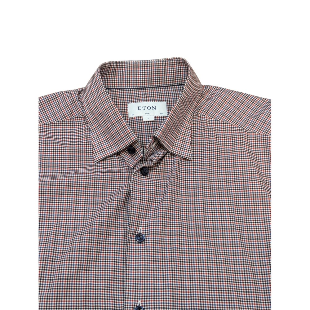 Eton‎ Slim Fit Check Dress Shirt Mens Size L Red Blue White Long Sleeve